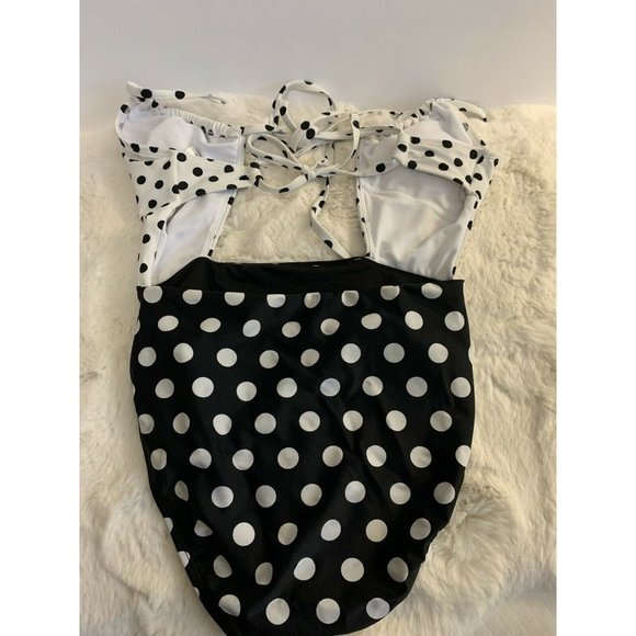 Hula Honey Women's Black White Polka Dot Strappy Small One Piece Swim Suit - Picture 5 of 7